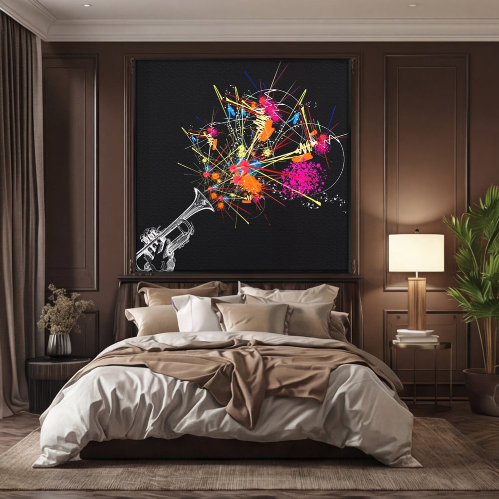 Tablou canvas cu ilustratie digitala cu trompeta si explozie de culori, in rama de aluminiu negru, pe perete intr-un dormitor